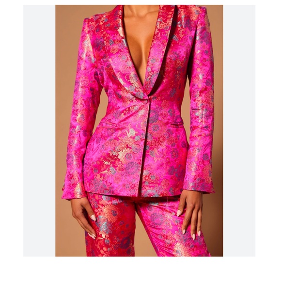 Hot pink magenta Fuschia brocade jacquard blazer suit pant set Pretty In Pink - Picture 2 of 6